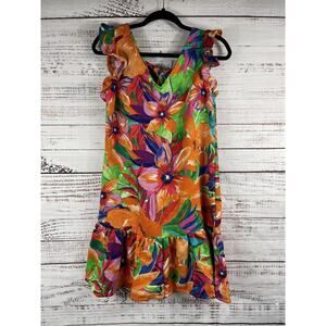 Cocomo Dress Women's Small Orange Green Floral Ruffle Sleeveless Summer Casual